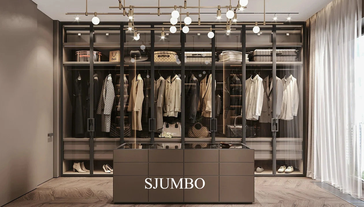 Modern Luxury Bedroom Closet Storage Aluminum L Shape Sliding Door Glass Double Wardrobe with Light