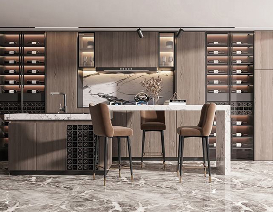 Luxury Automatic Lifting Wood Wall-Mounted Modern Design Living Room Wine Bar Cabinet
