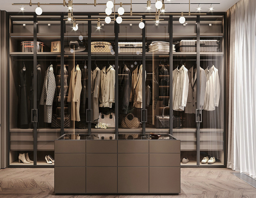 Modern Luxury Bedroom Closet Storage Aluminum L Shape Sliding Door Glass Double Wardrobe with Light