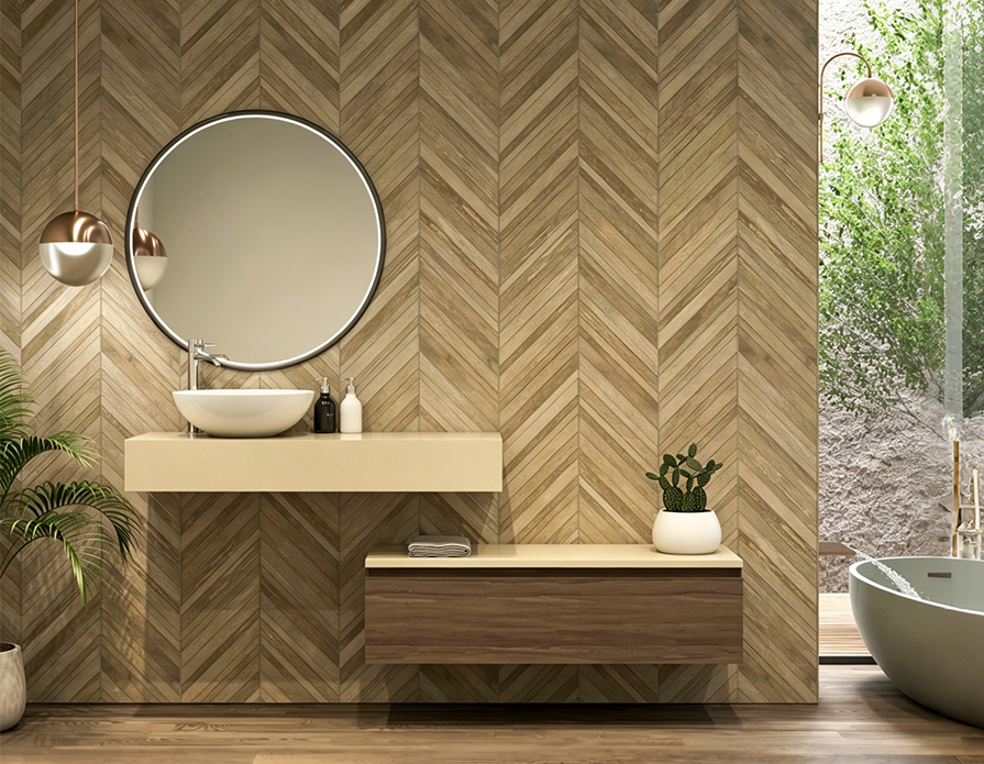 American Corner Bathroom Vanity with Ceramic Basin & Round Mirror