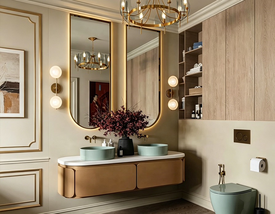 Modern Semi-Circular Curved Wash Basin Wall Mount Bathroom Vanity Cabinet Set With Mirror