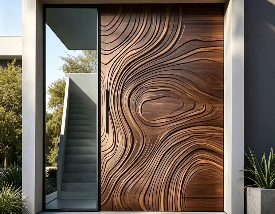 Carved Wood Entry Door with Wave Relief Design